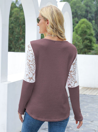 Waffle-Knit Lace Round Neck Long Sleeve T-Shirt - Ships 12/16