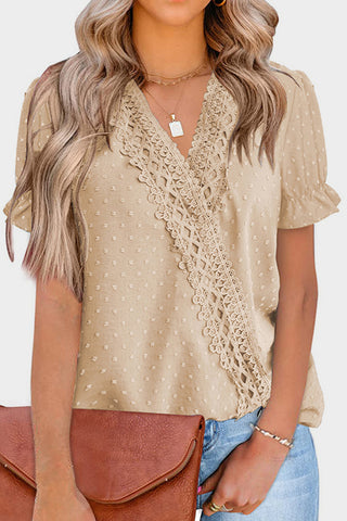 Mandy Swiss Dot Lace Detail V-Neck Short Sleeve Blouse