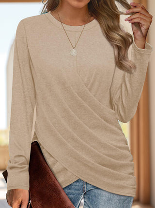 Ruched Round Neck Long Sleeve T-Shirt - Ships 9/22