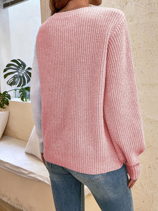 Contrast Heart Round Neck Long Sleeve Sweater - Ships 12/22