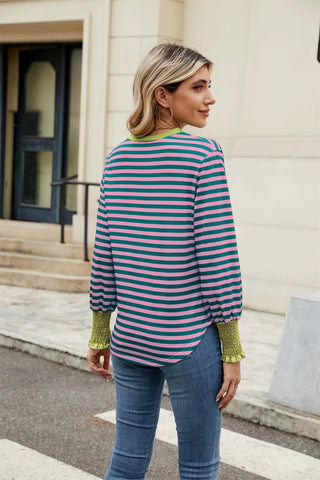 Contrast Striped Notched Long Sleeve Top-   Ships 1/25