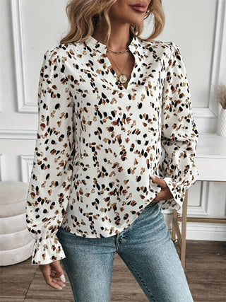 Printed Notched Flounce Sleeve Blouse - Ships 10/2