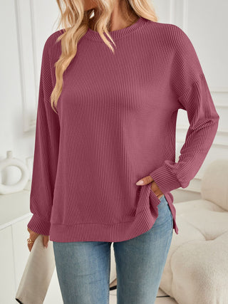 Sammie Slit Round Neck Long Sleeve Sweatshirt  -Ships 8/30