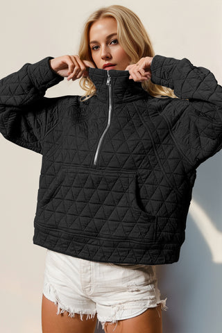 Double Take Half Zip Long Sleeve Quilted Sweatshirt with Pocket -Ships 11/9