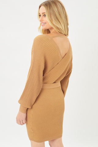 Off Shoulder Wrap Belted Ribbed Knit Dress