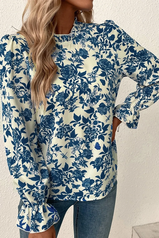 Printed Mock Neck Flounce Sleeve Blouse - ships 10/10