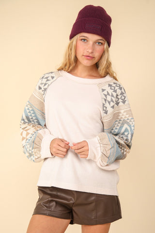 VERY J Printed Long Sleeve Round Neck Knit Top