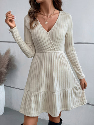 Ruffle Hem Surplice Long Sleeve Dress - Ships 9/20