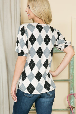 Argyle Print Puff Sleeve Knit Jersey Top