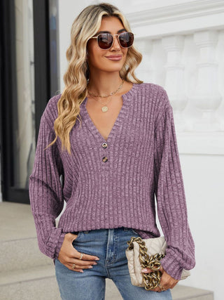 Mindy Ribbed Notched Long Sleeve T-Shirt -Ships 8/24