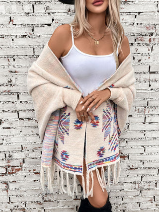 Fringe Geometric Open Front Long Sleeve Cape - Ships 12/5