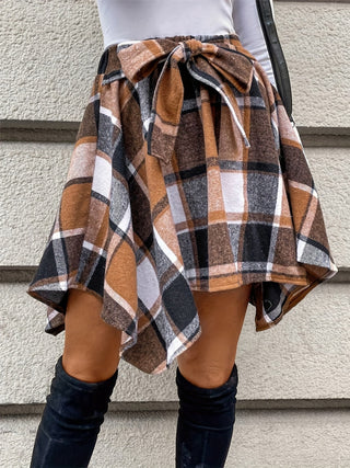 Tied Plaid Asymmetrical Hem Skirt -Ships 9/18