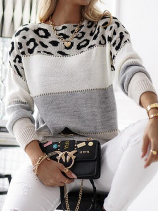 Leopard Color Block Round Neck Long Sleeve Sweater - Ships 12/15