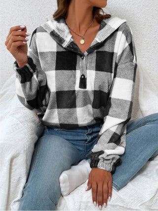 Plaid Half Button Long Sleeve Hoodie - Ships 12/12