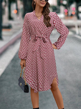 Tied Printed Notched Balloon Sleeve Dress -Ship 10/12