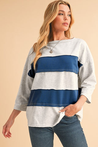 Striped Patchwork Raw Edge Sweatshirt