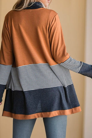 Colorblock Striped Waffle Patchwork Open Cardigan