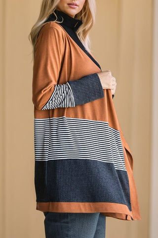 Colorblock Striped Waffle Patchwork Open Cardigan