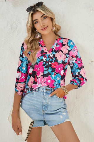 Floral V Neck Tab Long Sleeve Blouse