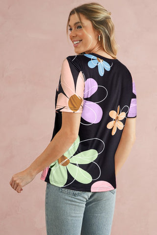 Flower Print Round Neck T Shirt