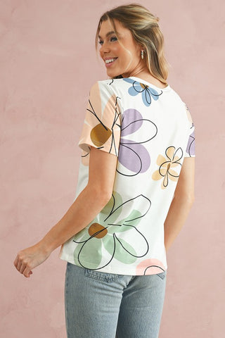 Flower Print Round Neck T Shirt