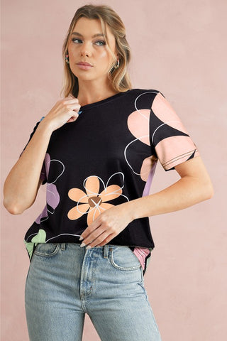 Flower Print Round Neck T Shirt