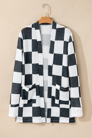 Checkered Waffle Knit Thumbhole Open Cardigan