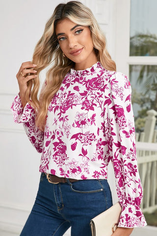 Floral Print Flounce Sleeve Keyhole Back Blouse