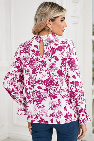 Floral Print Flounce Sleeve Keyhole Back Blouse