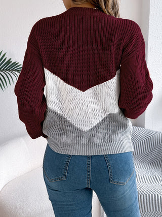 Cable-Knit Color Block Round Neck Sweater - Ships 10/25