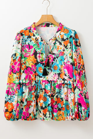 Floral Tie Neck Balloon Sleeve Blouse- Ships 2/1