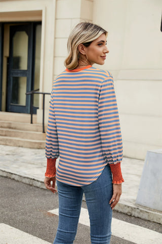 Contrast Striped Notched Long Sleeve Top-   Ships 1/25