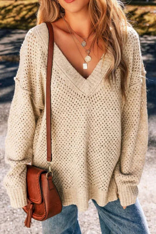 V-Neck Dropped Shoulder Long Sleeve Sweater -Ships 11/9