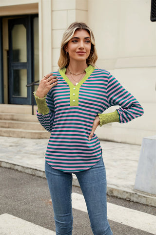 Contrast Striped Notched Long Sleeve Top-   Ships 1/25