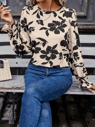 Bow Back Printed Round Neck Flounce Sleeve Blouse -Ships 12/25