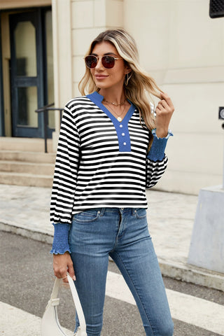 Contrast Striped Notched Long Sleeve Top-   Ships 1/25