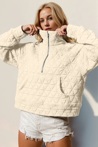 Double Take Half Zip Long Sleeve Quilted Sweatshirt with Pocket -Ships 11/9