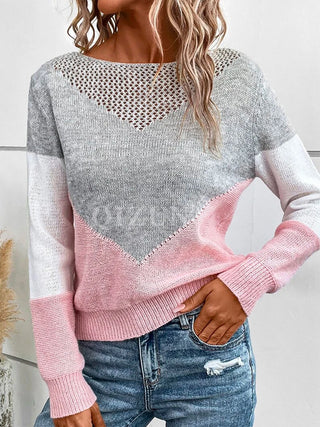 Openwork Contrast Round Neck Long Sleeve Knit Top - Ships 1/4