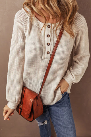 Waffle-Knit Half Button Round Neck Long Sleeve Top -Ships 9/15