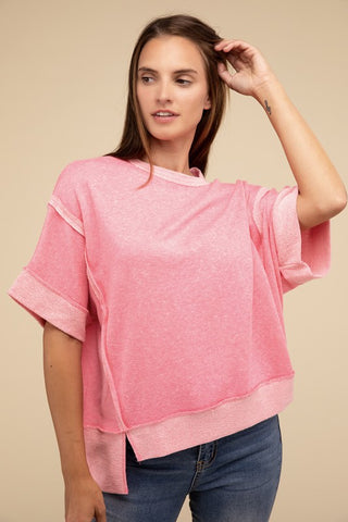 ZEN Contrast Trim Top Stitching Drop Shoulder Top