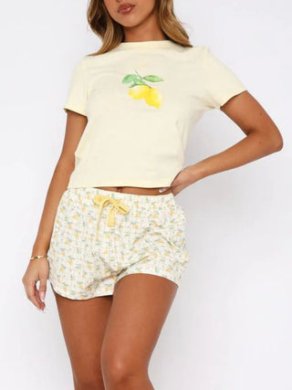 Printed Round Neck Short Sleeve Top and Drawstring Shorts Set -Ships 12/24