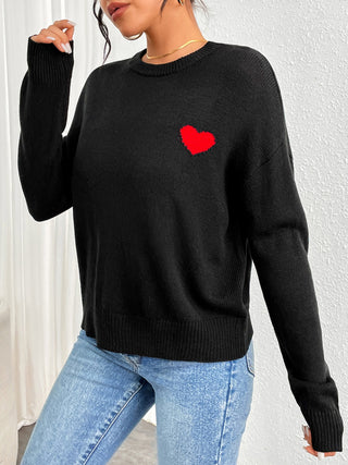 Heart Round Neck Long Sleeve Sweater - Ships 1/10