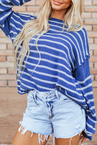 Striped Round Neck Dropped Shoulder Sweater -Ships 9/10