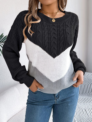 Cable-Knit Color Block Round Neck Sweater - Ships 10/25