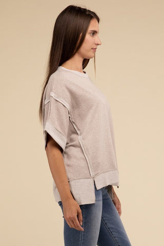 ZEN Contrast Trim Top Stitching Drop Shoulder Top