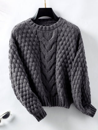 Cable-Knit Round Neck Long Sleeve Sweater -Ships 11/11