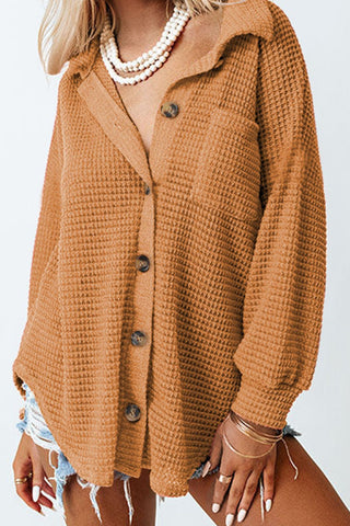 Waffle-Knit Collared Neck Long Sleeve Shirt -Ships 12/5