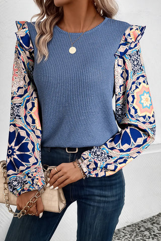 Ruffled Printed Round Neck Long Sleeve Top - Ships 10/7