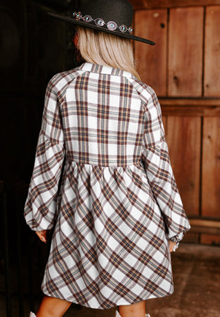 Full Size Plaid Collared Neck Balloon Sleeve Mini Shirt Dress - Ships 11/15