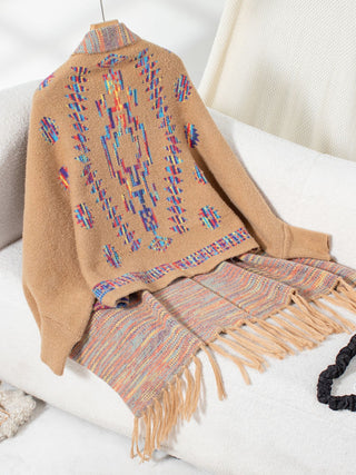 Fringe Geometric Open Front Long Sleeve Cape - Ships 12/5